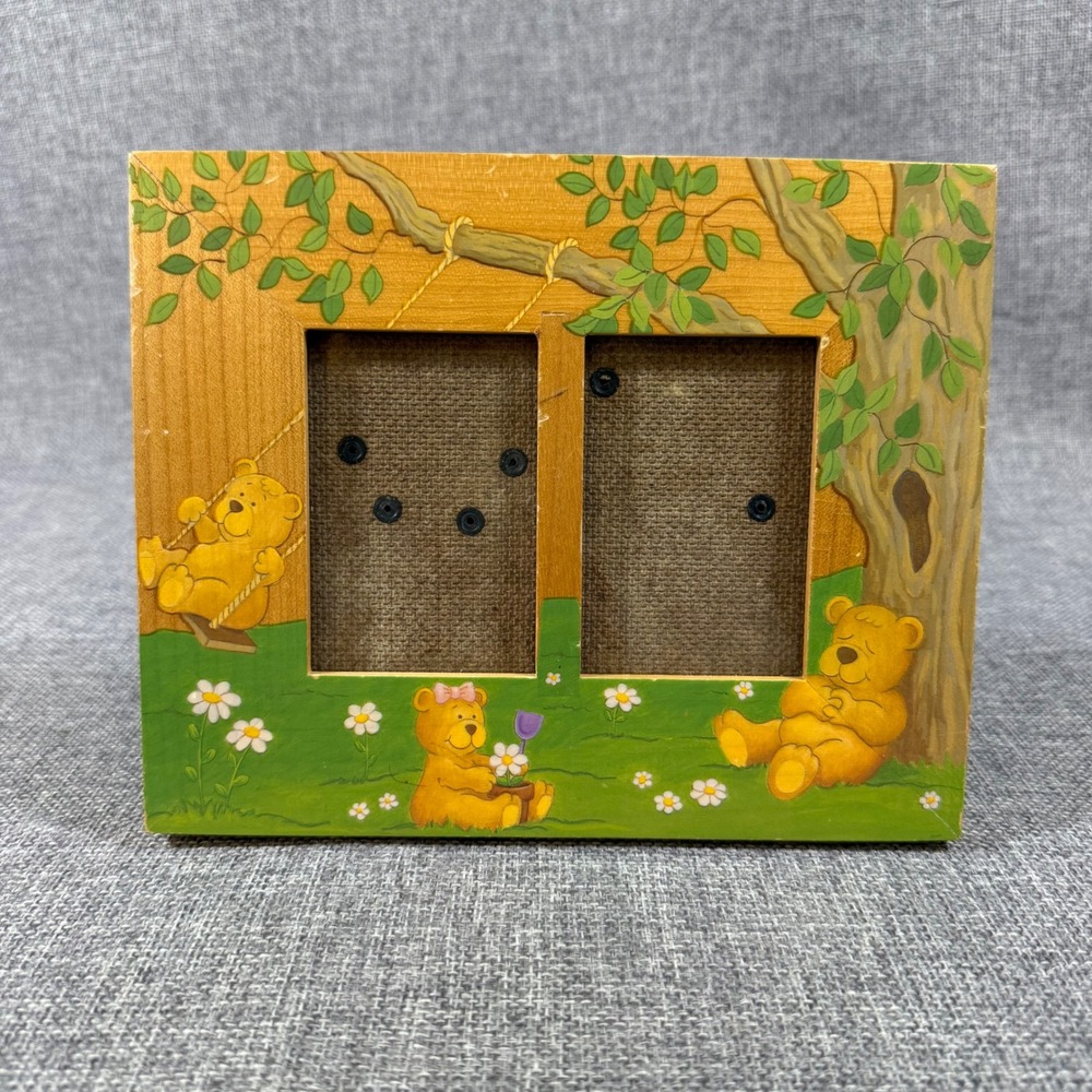 VTG Fetco Teddy Bear Tree Double Photo Frame Kids Baby Nursery Green Wood Whimsy